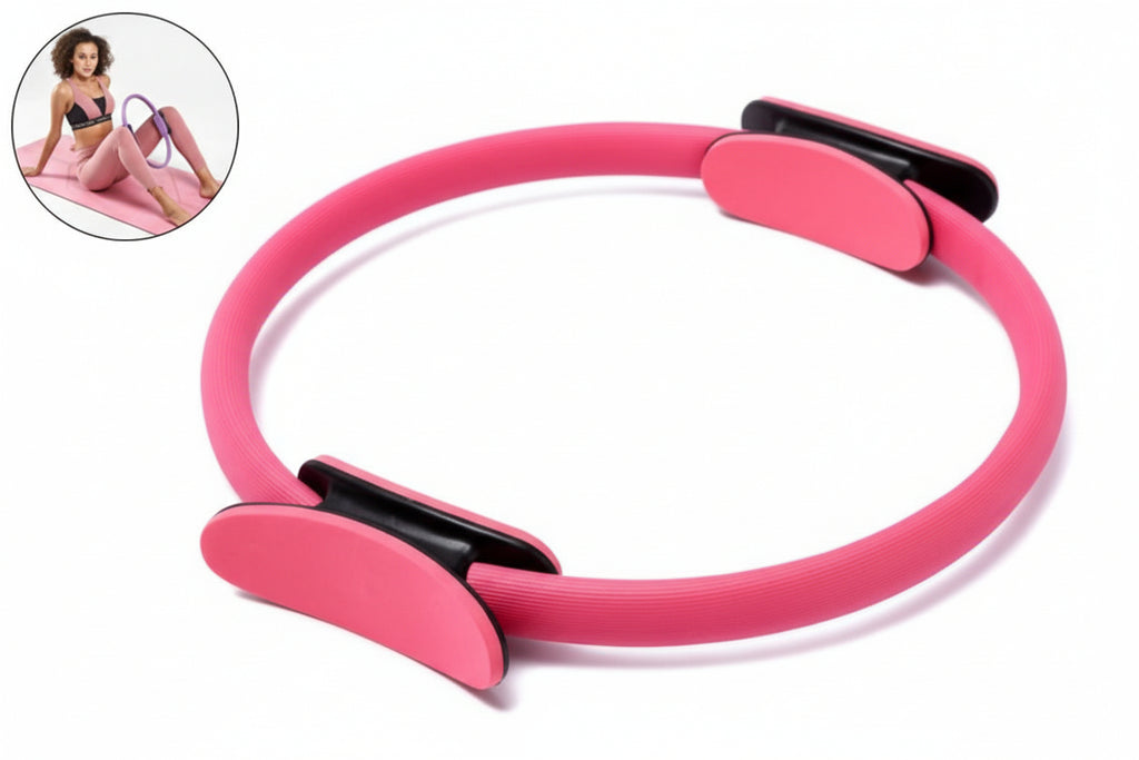 Pilates resistance ring in pink color, designed for toning exercises and improving balance and posture.
