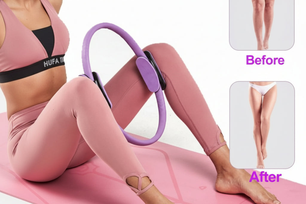 Woman demonstrating exercises with a Pilates resistance ring, showcasing before and after leg toning results.