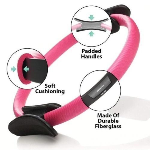 Pilates resistance ring with padded handles and soft cushioning, made of durable fiberglass for effective workouts.